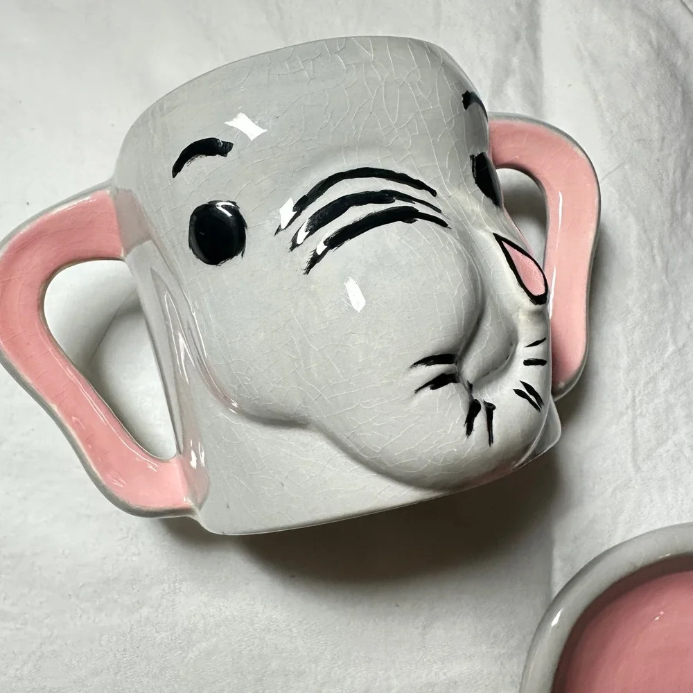 Vintage Holland Mold Elephant Mug and Plate Set Grey Pink Good Ceramic Nostalgia